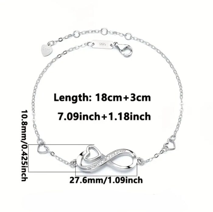 Pulsera ajustable con corazón infinito, plata de ley 925, joyería de amor infinito