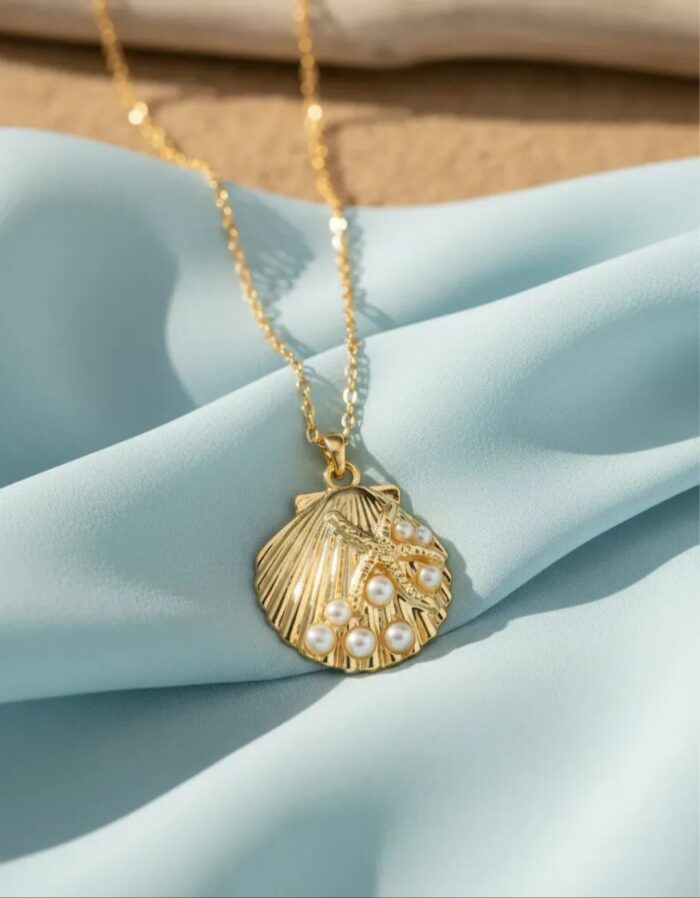 Collar Concha Marina Dorado Con Perlas Chapado 18k