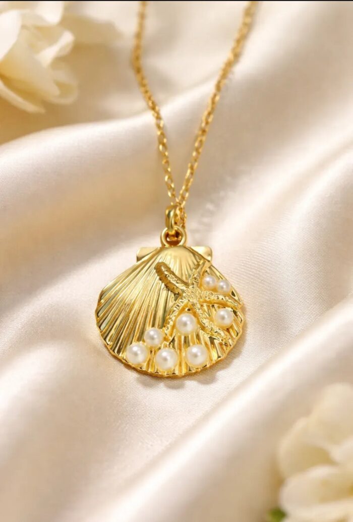 Collar Concha Marina Dorado Con Perlas Chapado 18k